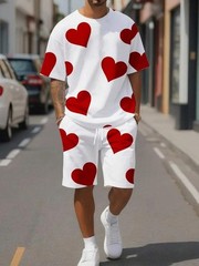 Fashion Men’s Black and White Flower Graphic Print T-shirt Shorts 2-piece Set
