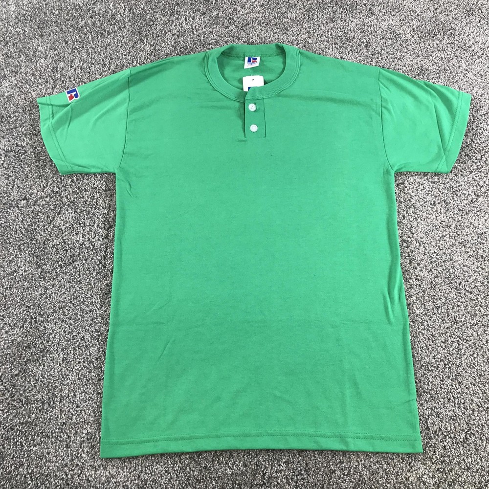 Vintage Russell Athletic Shirt Mens Small Green NuBlend Henley Short Sleeve