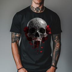 Vampire Skull T-Shirt – Blood Dripping Fangs, Gothic Filigree, Dark Rose Art