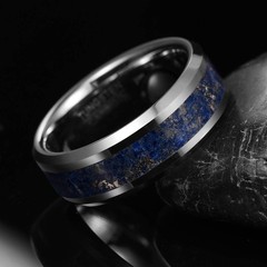 Mens 8mm Lapis Lazuli Tungsten Rings Beveled Edge Wedding Engagement Band Siz…