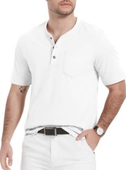 MAGCOMSEN Men’s Henley Shirts Short Sleeve Pocket Tee Shirts White Size M