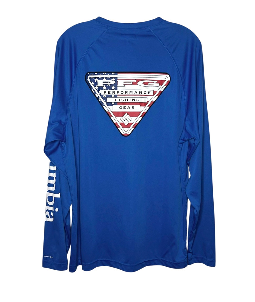 Columbia PFG Terminal Tackle Long Sleeve Shirt Mens M Blue USA Flag Triangle