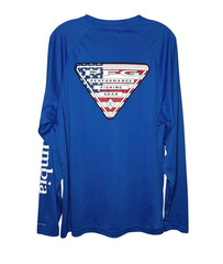 Columbia PFG Terminal Tackle Long Sleeve Shirt Mens M Blue USA Flag Triangle