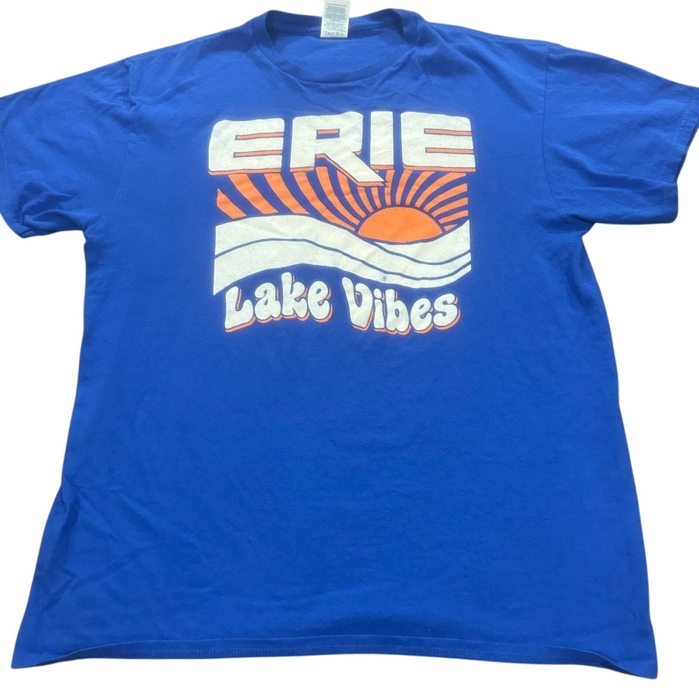 Delta Pro Weight Erie Lake Vibes Graphic T-Shirt Blue Large Retro Sunset Tee