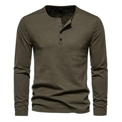 Men’s Shirt Cotton Henley Neck T-Shirts Long Sleeve Casual Button Plain 25% OFF
