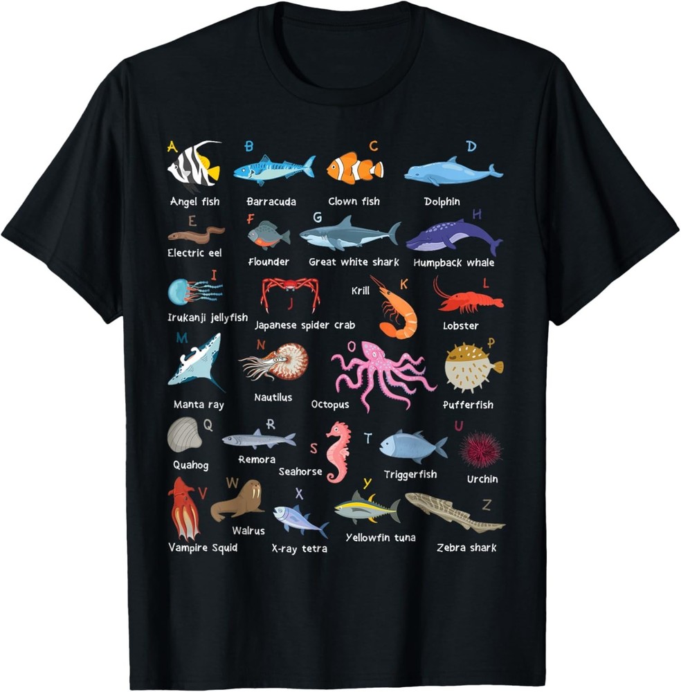NEW A-Z Ocean Life Exploration – Sea Creatures Alphabet T-Shirt – MADE IN USA
