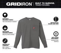 Milwaukee Men’s XL Gray GRIDIRON Cotton/Polyester LS Pocket T-Shirt 606G-XL