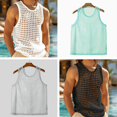 Mens Knitted Crochet Tank Tops Summer Hollow Sleeveless T-shirt Scoop Neck Shirt
