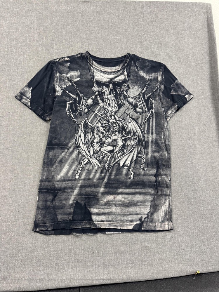 Y2K Affliction T-Shirt Puppet Master Mens All Over Print Graphic Tee Large Black