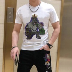 New Fashion Rhinestones Bear Short Sleeve Luxury Men Black White T-Shirt