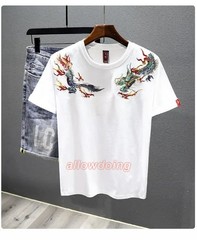 Men’s Dragon Embroidered T-Shirt Casual Short Sleeve Summer Ethnic Style Top