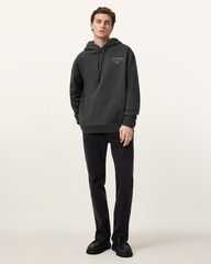 All Saints Mens Redact Washed Black Hoodie Relaxed Fit Embroidered Sweatshirt