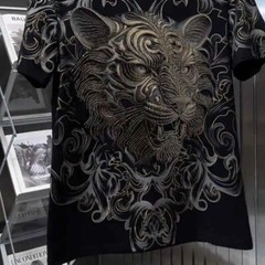 New Fashion Trend Lion Hot Diamonds Rhinestones Black Summer Luxury Men T-Shirt
