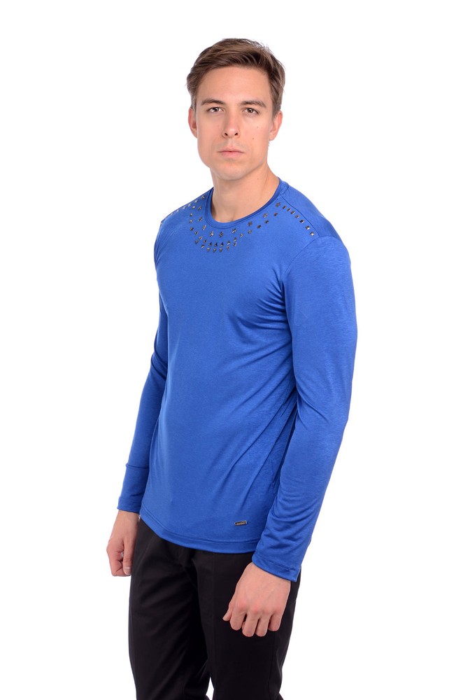Mondo Men’s Italian Fashion Long/SLEEVE T-SHIRT Studded stars Royal Blue sweater