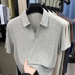 Men’s Breathable Knitted Polo Tee Short Sleeve V Neck Striped Fabric Lightweight