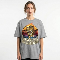 Angry Tiger Fire Eyes Tropical Beach Tee Retro Sunset Palm Trees T-Shirt