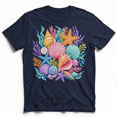 Colorful Seashells Coral Starfish T-Shirt Ocean Beach Summer Tee