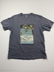Uniqlo UT Shirt Mens Large Gray Japanese Art Hawk Mt Fuji Graphic Tee Two Sided