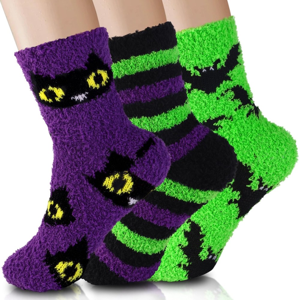 3 Pairs Halloween Fluffy Socks for Women Men，Cozy Fuzzy Bat Green Socks Carto…