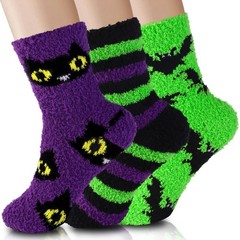 3 Pairs Halloween Fluffy Socks for Women Men，Cozy Fuzzy Bat Green Socks Carto…