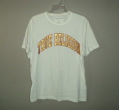 True Religion Metallic Gold Spellout Logo White Shirt Men’s Adult Large L