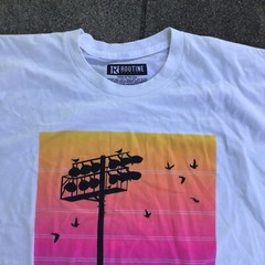 Routine Men Large Short Sleeve Shirt White Baseball Lights Birds