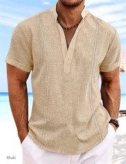 2024 New men’s Henry Collar solid color vintage cotton hemp webbing top Fashion