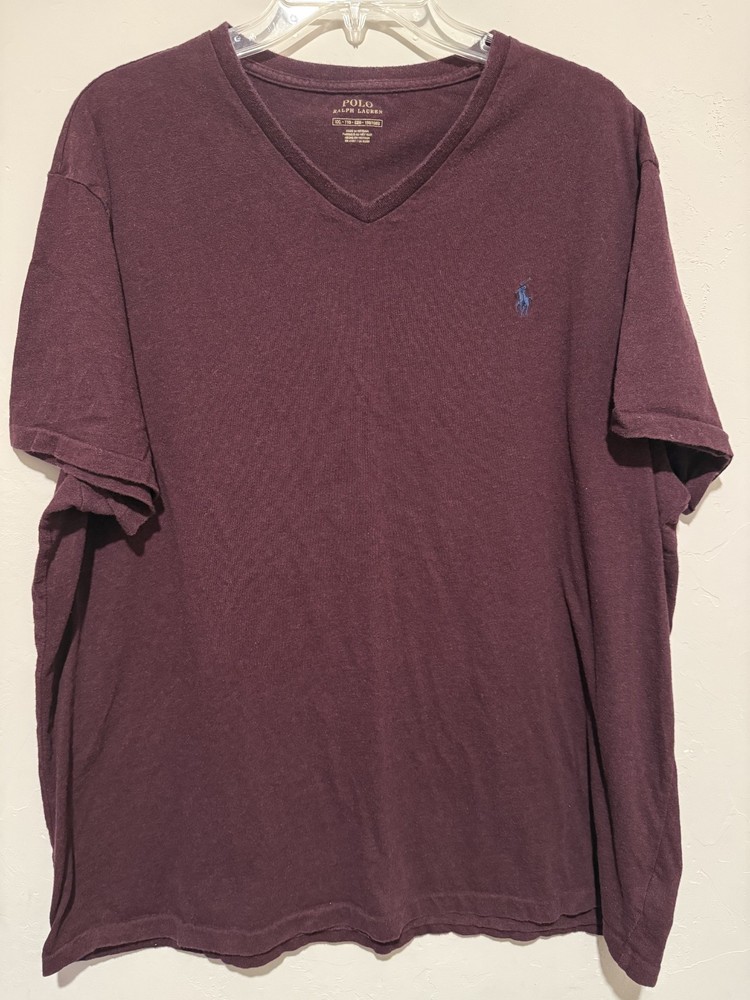 Polo Ralph Lauren Men’s Burgundy V-Neck T-Shirt Blue Pony Logo Size XL