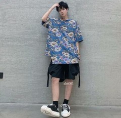 Mens Youth Casual Fashion Floral Short Sleeves Loose Irregular T-Shirt Tee Top