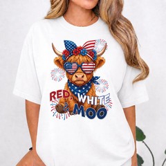 Red White & Moo Highland Cow T-Shirt, 4th of July Patriotic Graphic Tee