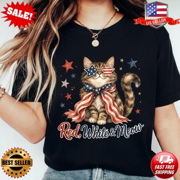 Red White and Meow Shirt, Patriotic Cat Tee, Funny 4th of July Cat T-Shirt S-3XL