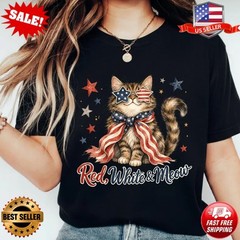 Red White and Meow Shirt, Patriotic Cat Tee, Funny 4th of July Cat T-Shirt S-3XL