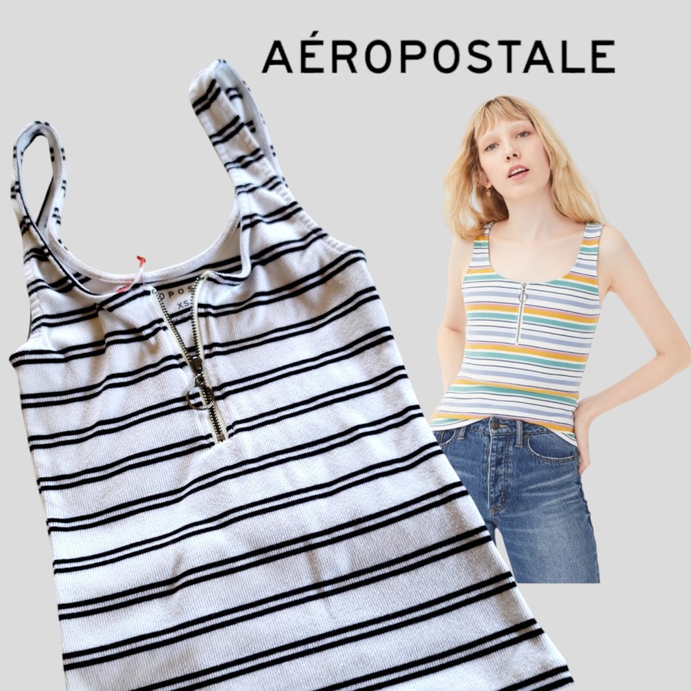 Aeropostale X-Small Black & White Striped Sexy Zip-Front Rib Bodycon Tank Top