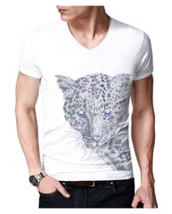 Men Fashion Diamonds T-Shirt Leopard Print Rhinestones Hot Drill Short Sleeve