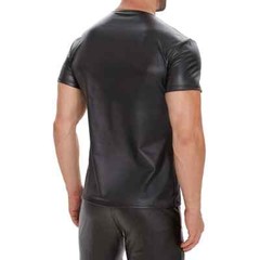 Men Soft Matte Leather T-Shirt Stretch Shiny Leather Vest Gym Crew Neck