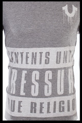 $68 TRUE RELIGION Grey CONTENTS Short Sleeve Designer Graphic T-shirt NWT