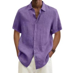 Mens Cotton Linen Short Sleeve Dress Shirt Button Down Loose Blouse Tops Solid