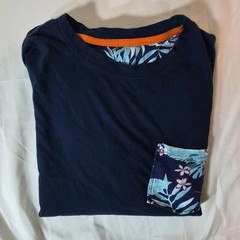 Mens Medium Navy Tee Floral Pocket Contrast Trim Cotton Shirt Casual