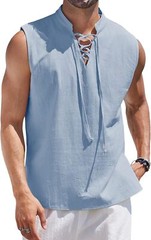 Men Cotton Linen Tank Top Sleeveless Lace Up Shirt Bohemian Beach Casual Tunic