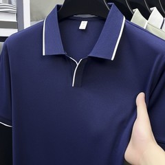 Men Contrast Trim Short Sleeve Lapel V Neck T Shirt for Business Casual Use