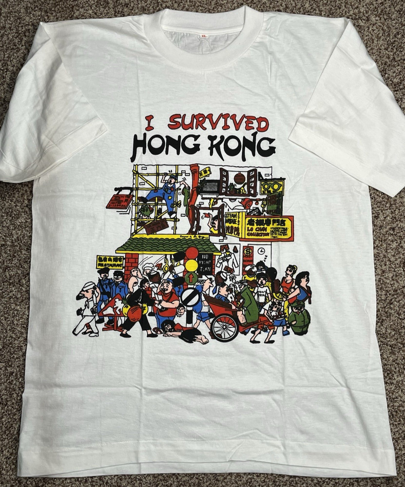 NOS Vintage I Survived Hong Kong Tourist T Shirt Size XL Extra-Large White