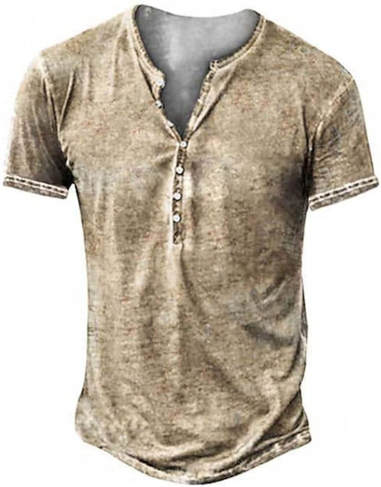 Mens Distressed Henley Shirt Short Sleeve Retro Washed Casual Slim Fit Tee