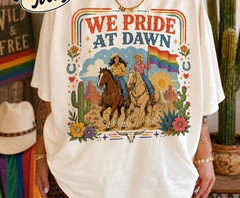 We Pride At Dawn Cowgirl Shirt, Western Pride Tee, LGBTQ Rainbow Flag