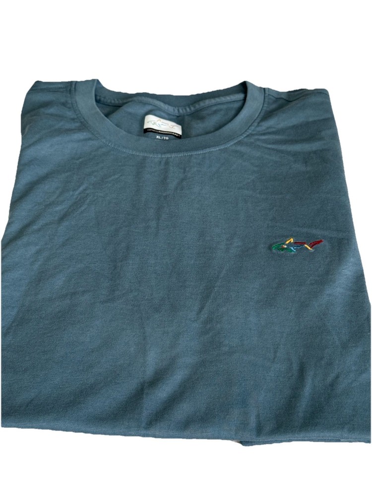 Greg Norman Men XL T-Shirt Blue Gray Cotton Short Sleeve Embroidered Shark Logo