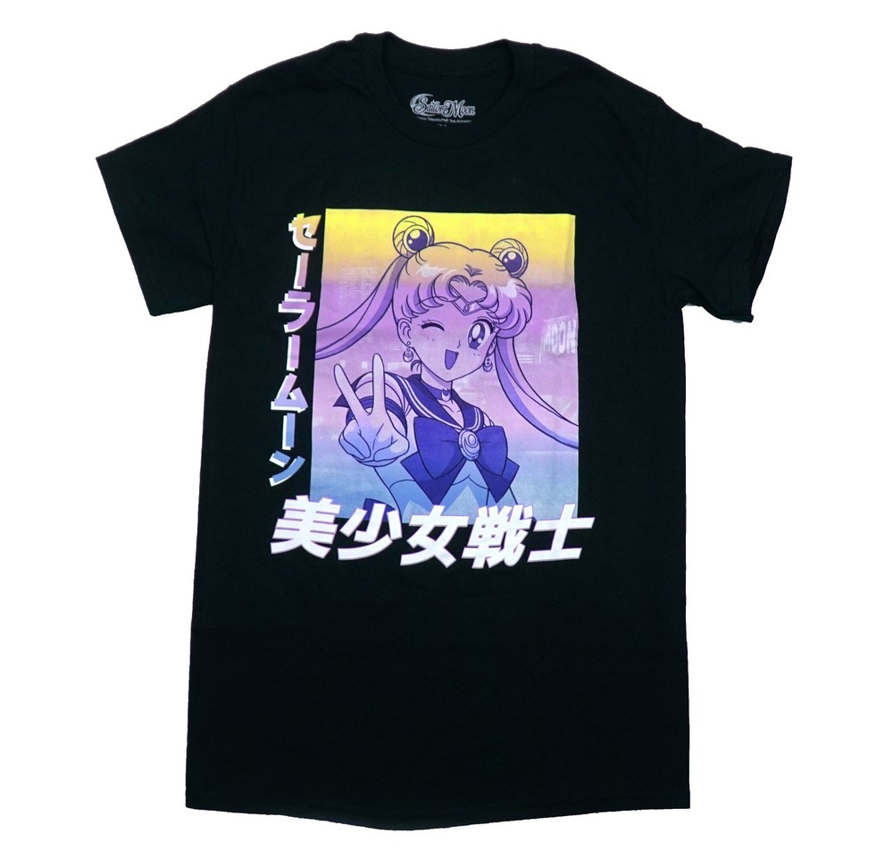 Sailor Moon Mens T-Shirt – Winking Peace Sign Kanji Color Wave