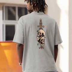 Mens Oversized T-Shirt Skull Dagger Back Print Streetwear Graphic Baggy White