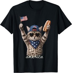 Retro Funny America Cat Hot Dog Lovers Patriotic US Flag T-Shirt