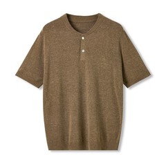 Retro Henry Collar Knitted Short-Sleeved T-Shirt Men Business Linen Blend Top