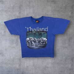 Early 00’s Joligolf Thailand Elephants Animal Tourist Graphic Blue T-Shirt Large