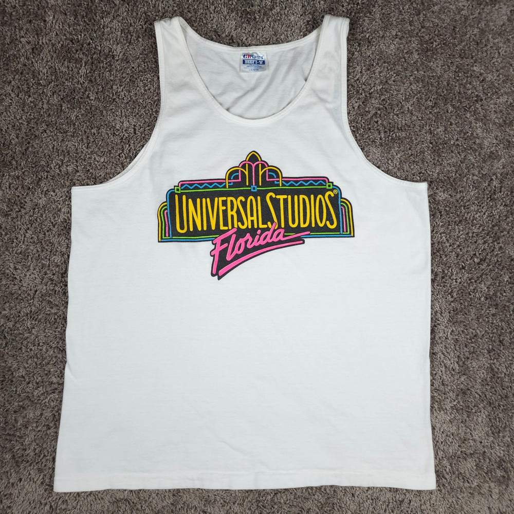 Vintage 90s Universal Studios Tank Mens Large White Neon Florida Art Deco USA